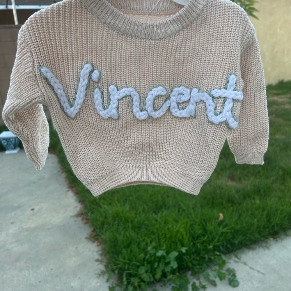 Cream Ribbed Crewneck Sweater with Script Embroidery